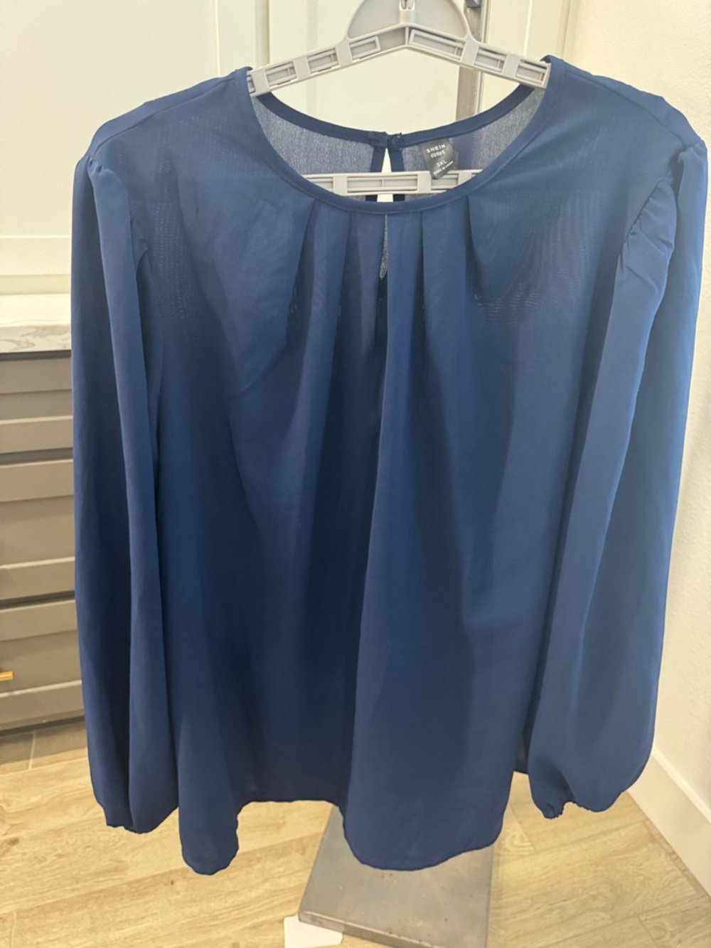 SHEIN Blue Pleated Round-Neck Long Sleeve Blouse